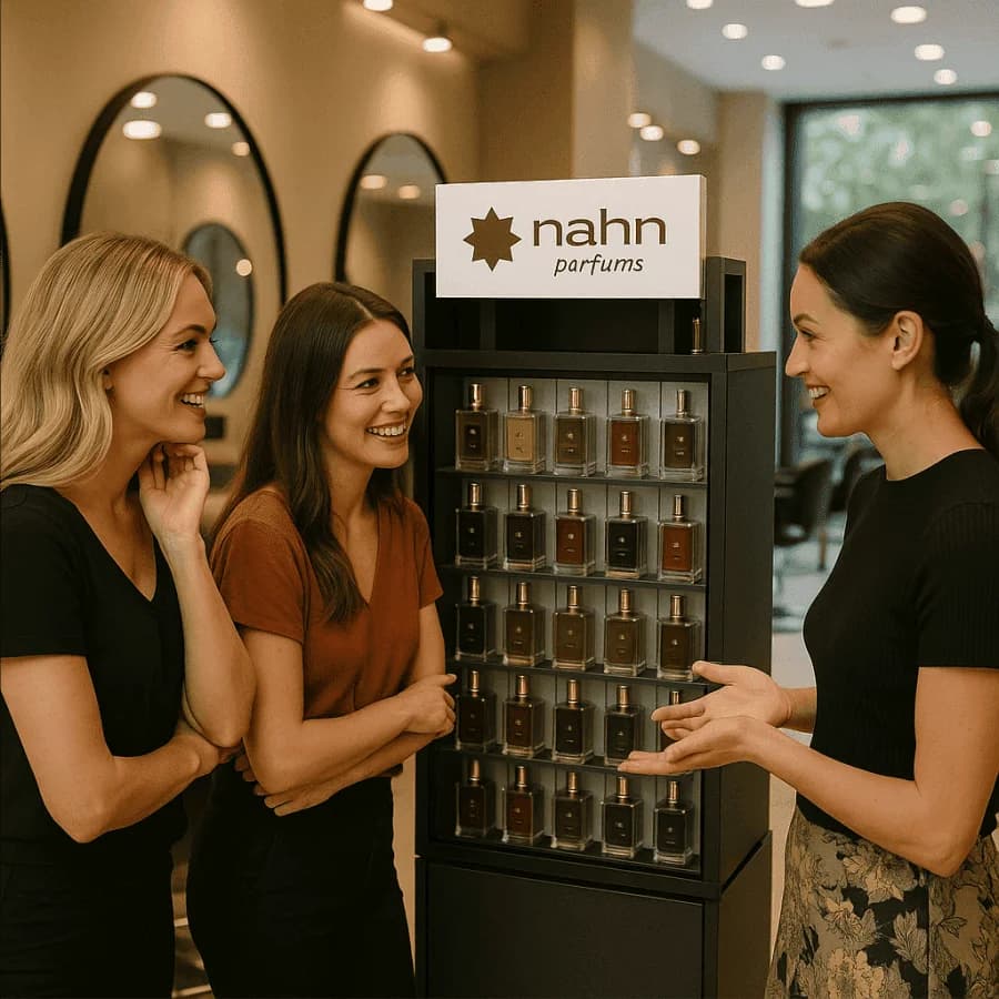 Clientes conhecendo fragrâncias em expositor nahn®